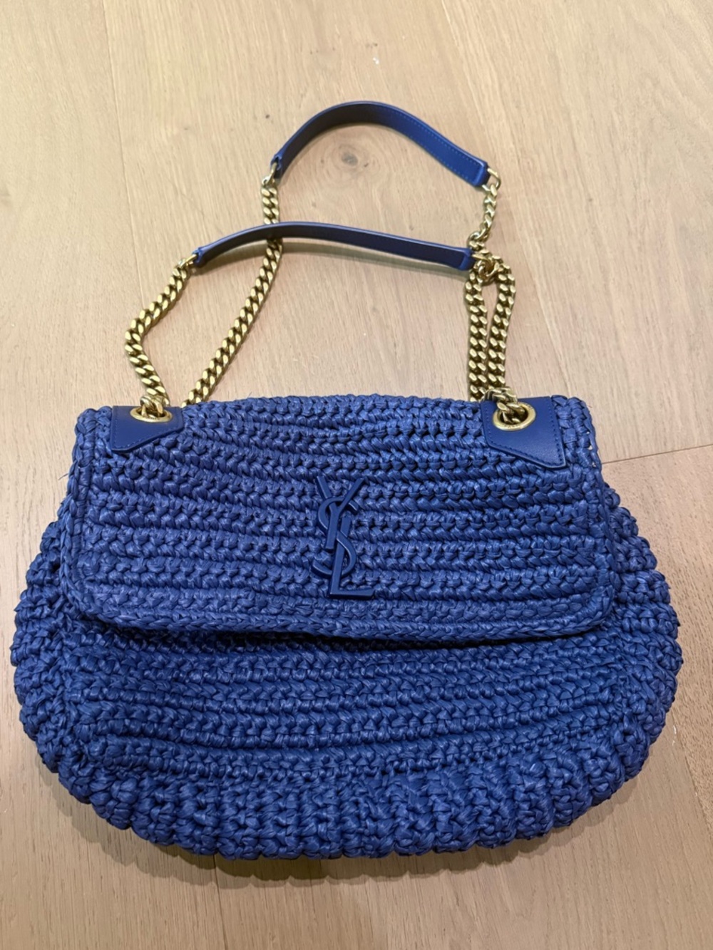 Saint Laurent Navy Woven Raffia Shoulder Bag with Gold Chain